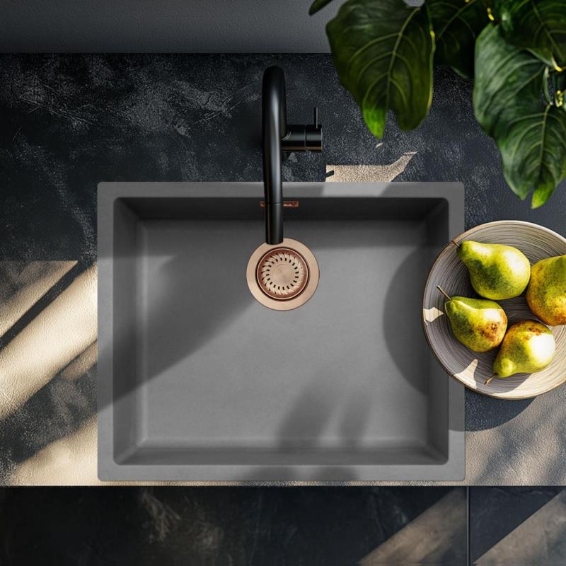 Ausmann Faserbeton graues Spülbecken 50x40cm Unterbau, Aufbau und flächenbündiger Einbau mit Kupferstopfen 1208971884