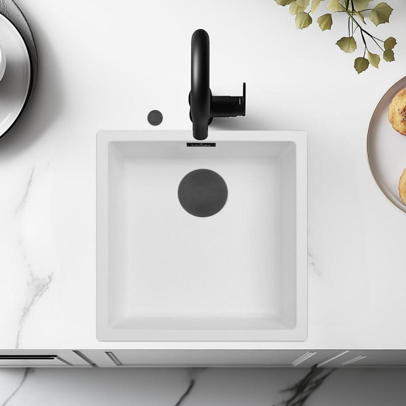 Ausmann Faser weißes Spülbecken 40x40cm Unterbau, Aufbau und flächenbündiger Einbau mit automatischem schwarzem Stecker 1208971892