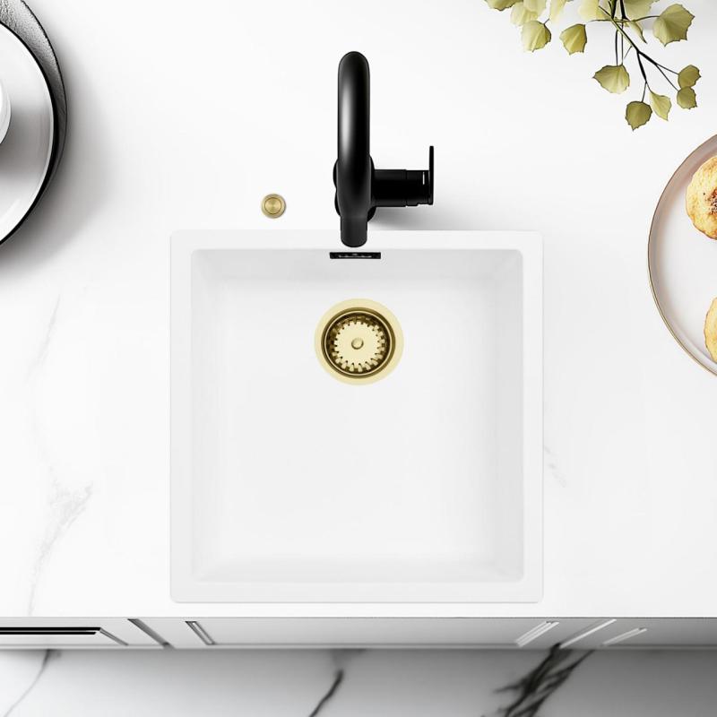 Ausmann Fiber weißes Spülbecken 40x40cm Unterbau, Aufbau und flächenbündiger Einbau mit automatischem goldenem Stecker 1208971894