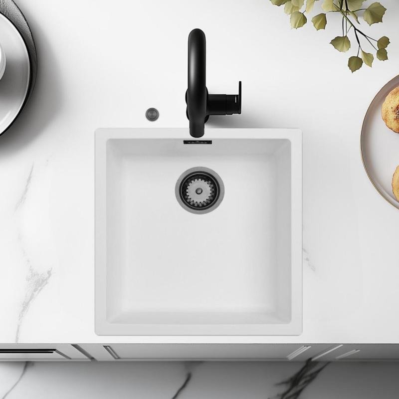 Ausmann Fibre weißes Spülbecken 40x40cm Unterbau, Aufbau und flächenbündiger Einbau mit automatischem Gun-Metal-Plug 1208971895