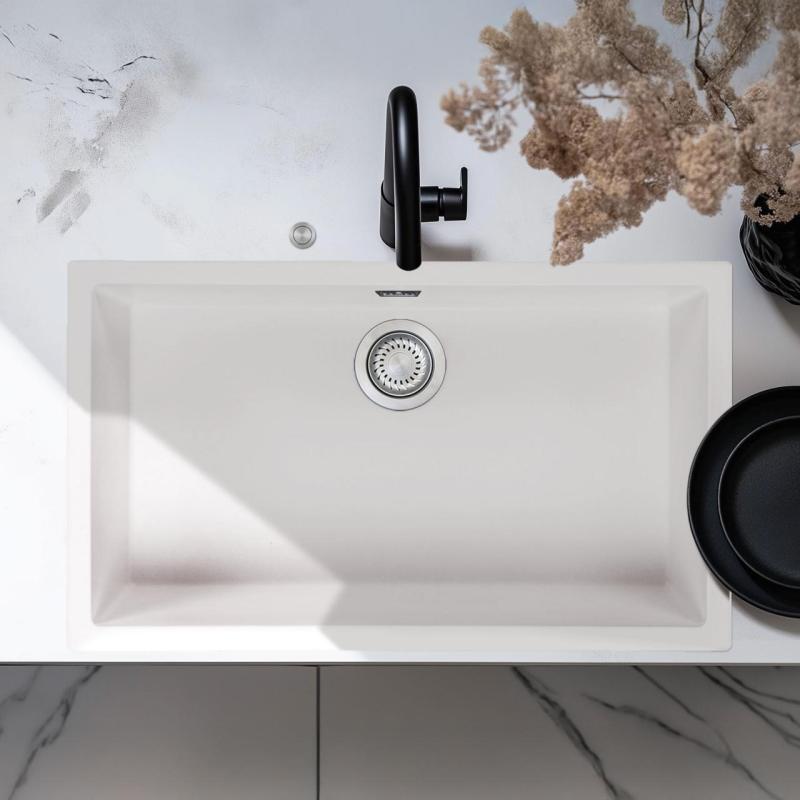 Ausmann Faser weiß großes Spülbecken 70x40cm Unterbau, Aufbau und flächenbündiger Einbau mit automatischem Edelstahl-Stöpsel 1208971904