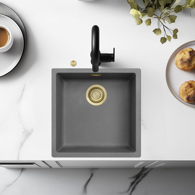 Ausmann Faserbeton graues Spülbecken 40x40cm Unterbau, Aufbau und flächenbündiger Einbau mit automatischem goldenem Verschluss 1208971913