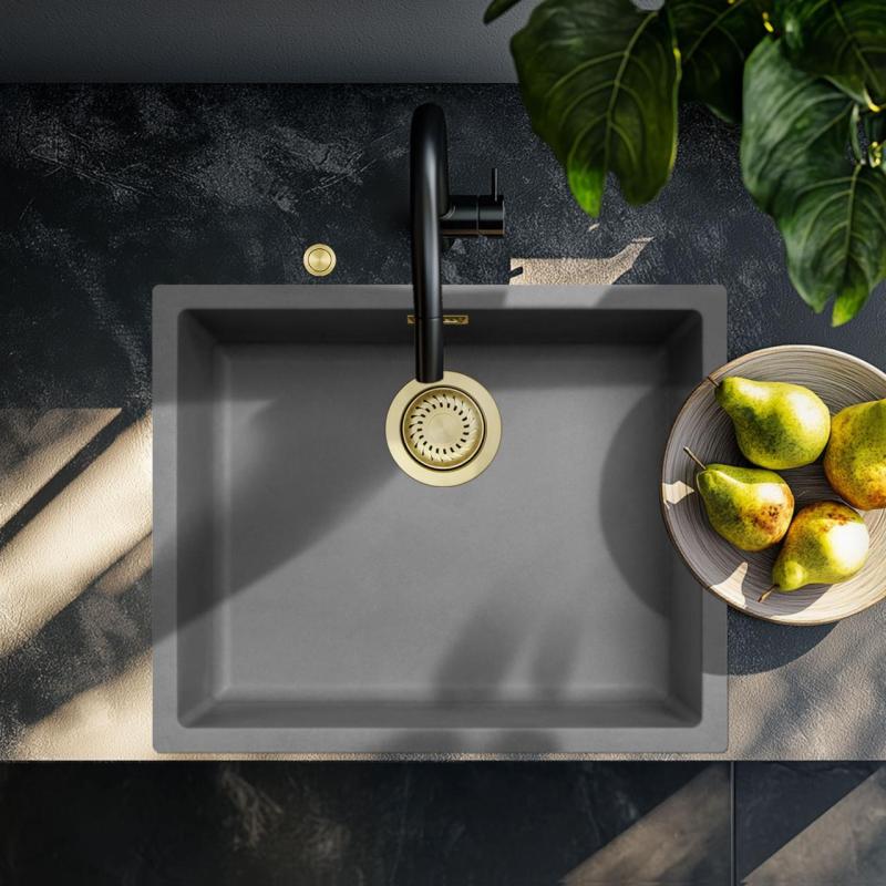 Ausmann Faserbeton graues Spülbecken 50x40cm für Unterbau, Aufbau und flächenbündigen Einbau mit automatischem goldenen Stopfen 1208971918