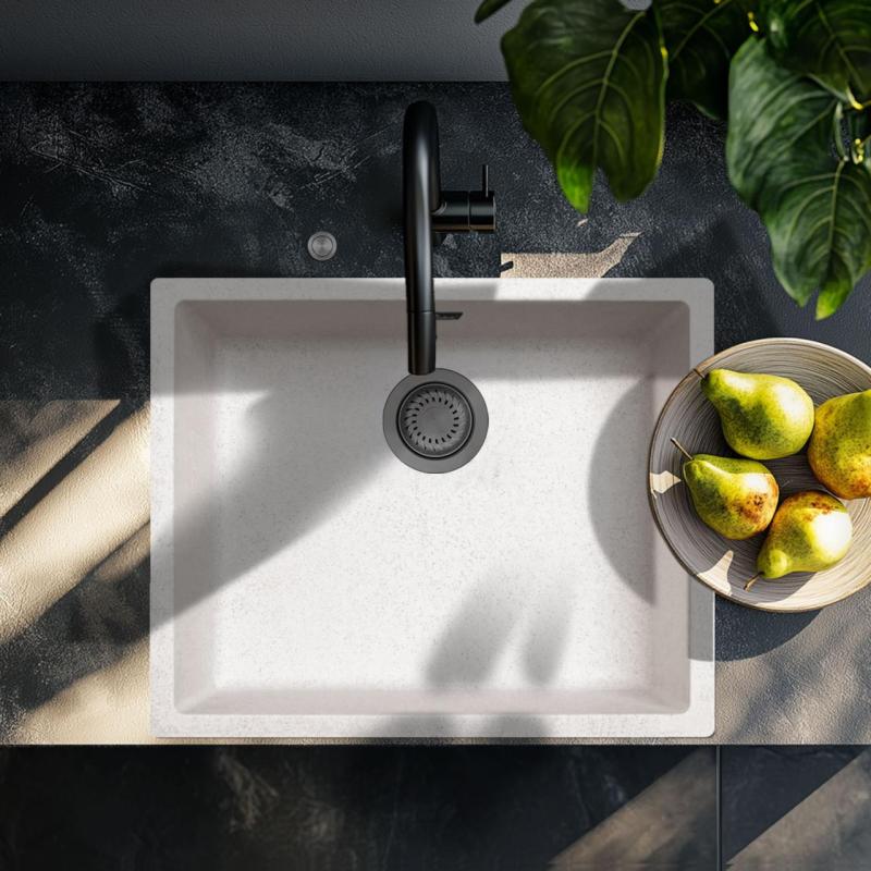 Ausmann Fibre Sand weißes Spülbecken 50x40cm Unterbau, Aufbau und flächenbündiger Einbau mit automatischem Gun Metal Plug 1208971934