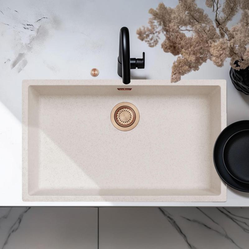 Ausmann Fibre Sand Weiß großes Spülbecken 70x40cm Unterbau, Aufbau und flächenbündiger Einbau mit automatischem Kupferstecker 1208971937