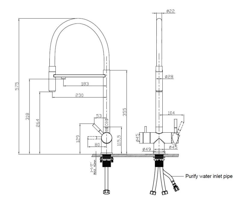 Pure.Sink Elite Steel Flex 3-Wege PVD gebürstetes Gold Küchenarmatur mit flexiblem Auslauf und Gefiltertem Wasser PS8110-60