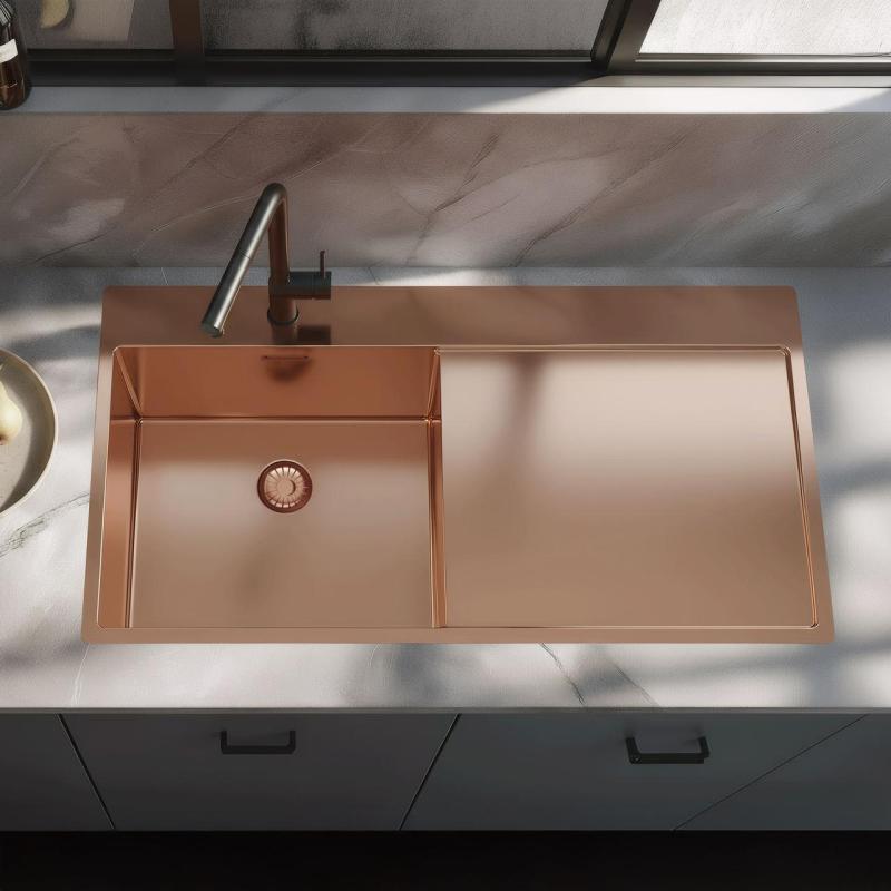 Pure.Sink Exclusivo Kupferne Spüle mit Abtropffläche 100 x 52 cm Wasserhahn links PEX47100LT-62