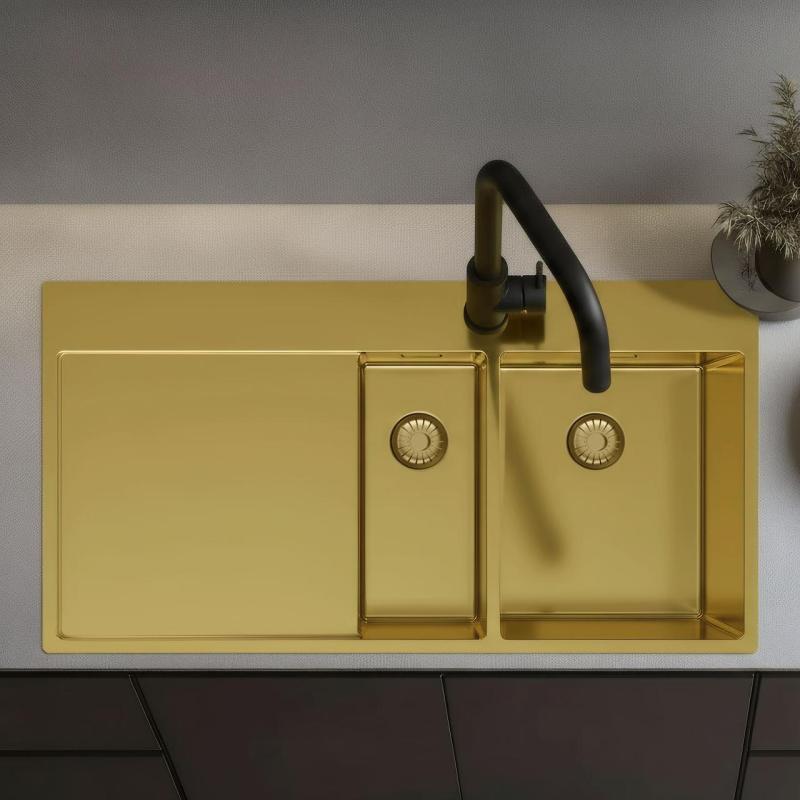 Pure.Sink Exclusivo Goldene 1,5-Spüle mit Abtropffläche 100 x 52 cm Wasserhahn rechts PEX3418100RT-60