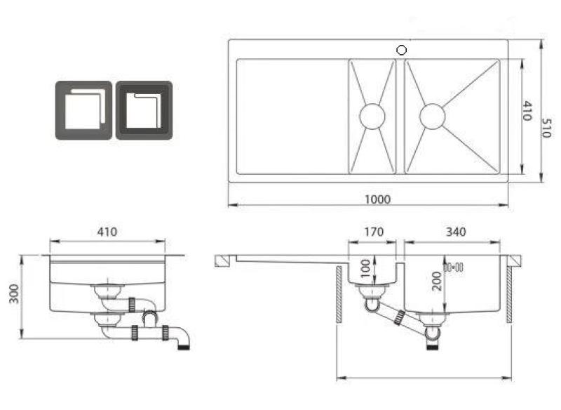 OUTLET Ausmann Oder Blue 1,5 Edelstahlspüle 100x51cm, flächenbündig und Oberflächen-Einbau, mit Abtropffläche 1208957127