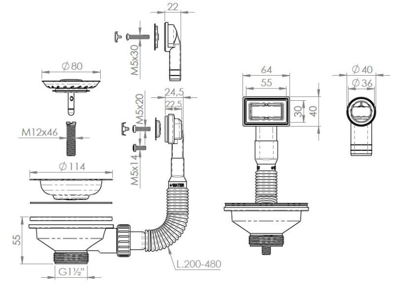 Pure.Sink Universal Korb-Stopfen-Set Mattschwarz, Ablaufgarnitur für Spülbecken inkl. Überlauf rund und rechteckig WSTMAN-31