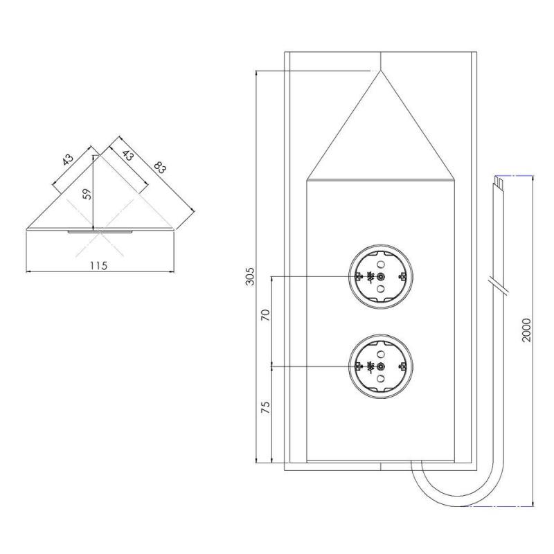 Indux Corner Energie-Säule mit 2 Steckdosen Randaarde Eckig Gun Metal 1208972286