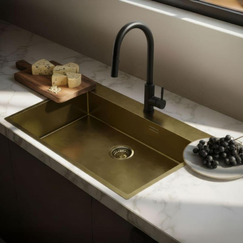 Pure.Sink Luxion Große PVD-Antik-Bronze-Spüle 78 x 50 cm Tapwing mit Hahnlochbank und Bodenrost PLX7850T-64