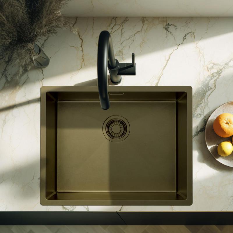 Pure.Sink Luxion PVD Antik Bronze Spülbecken 50x40 cm Unterbau, flächenbündiger Einbau und Aufsatz mit Bodenrost PLX5040-64