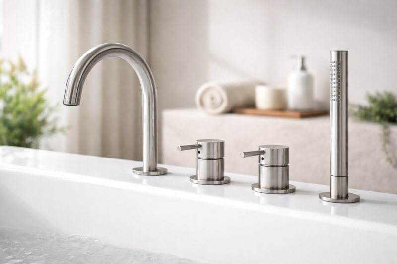 MURO TUA Einbau-Wannenrandmischer mit rundem Auslauf und ausziehbarer Handbrause, Chrom 1208972441