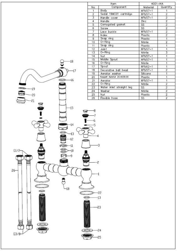 Aquanello Heritage Ascot Klassische Küche – Nostalgische Brückenarmatur in Schwarz mit Kreuzgriffen BL-0011-HA