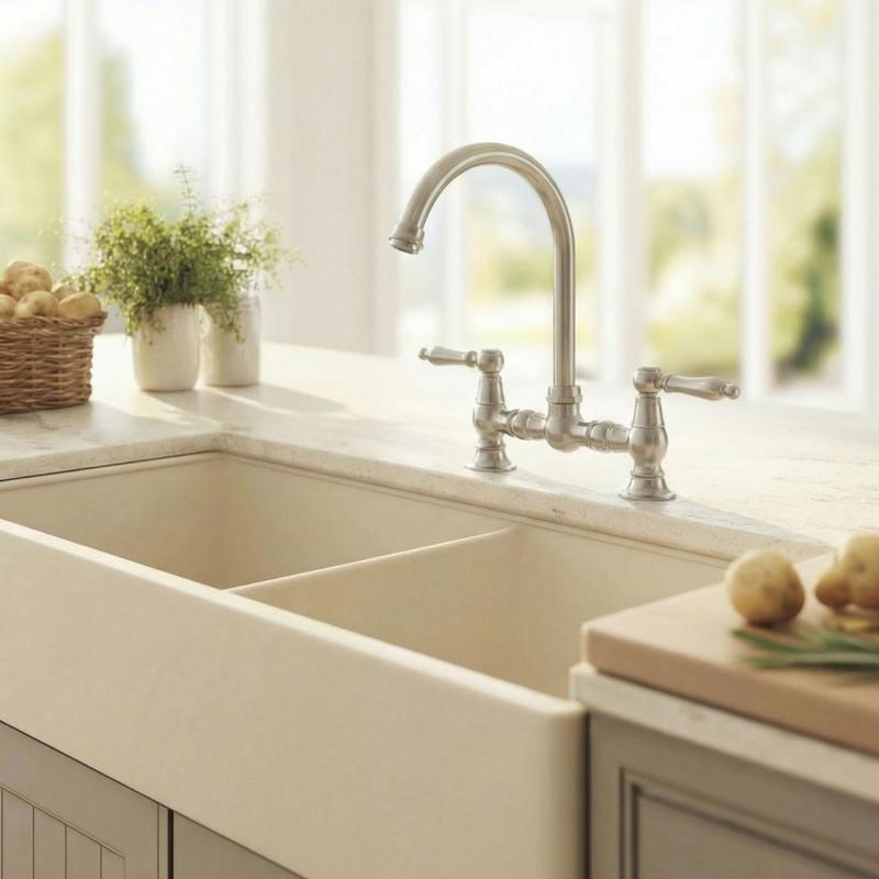 Aquanello Heritage Manor Klassische Küche – Nostalgische Brückenarmatur in Chrom mit weißem Hebel und rundem Auslauf CR-0011-HM