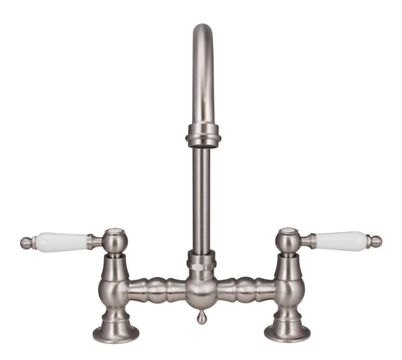 Aquanello Heritage Manor Klassische Küche Nostalgischer Brücken-Küchenhahn aus Edelstahl mit weißem Hebel und rundem Auslauf NB-4001-HA