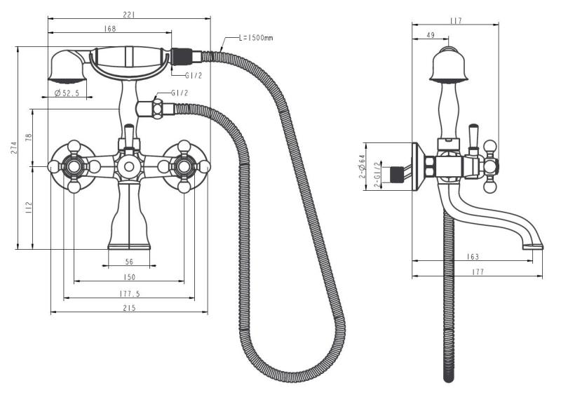 Aquanello Heritage Ascot Klassische Aufputz-Badarmatur mit Sternknöpfen Bronze inklusive Handbrause BN-3002-HA