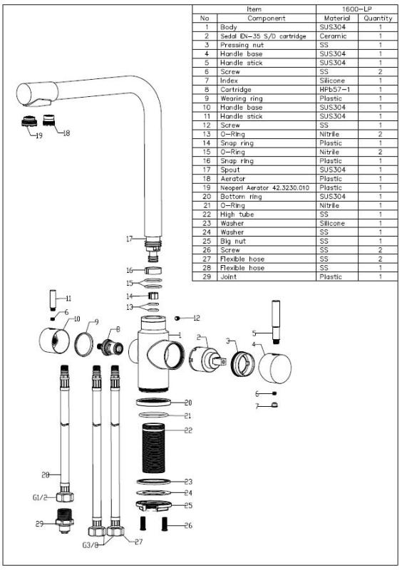 Aquanello Limpia Massiver 3-Wege-Küchenarmatur aus Edelstahl mit gefiltertem Wasser SS-1600-LP