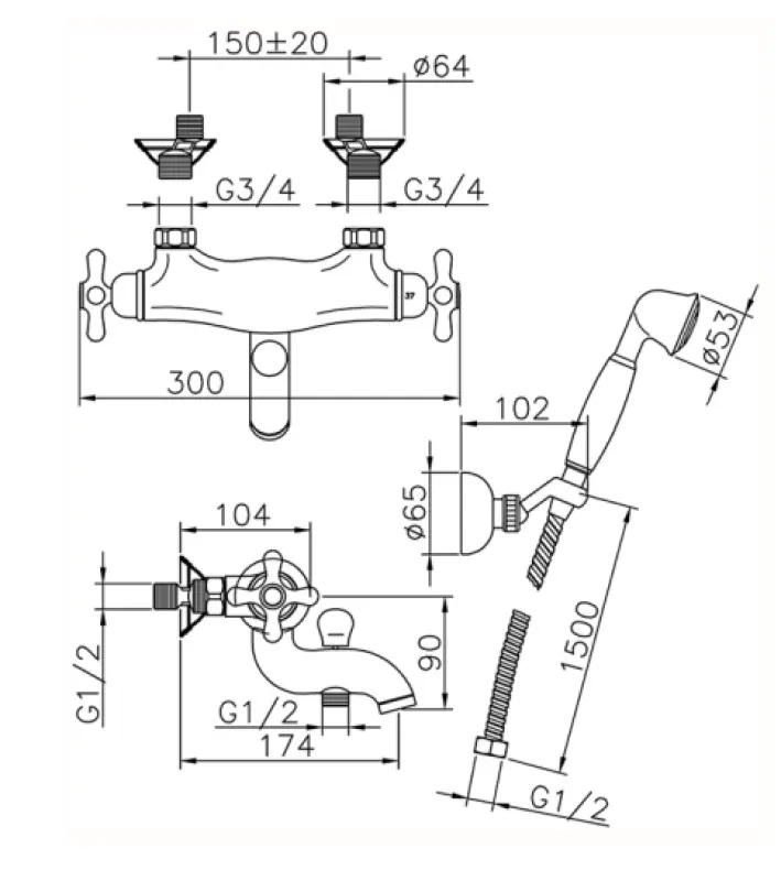 Huber Croisette Wannen-Thermostatbatterie mit Handbrause-Set Chrom CSD2701021