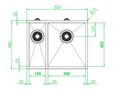ABK Baronga anderthalb 1,5 Edelstahlspüle 15x40+34x40cm Unterbau BAR1534F