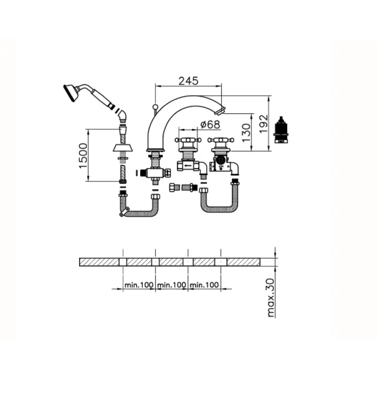 Huber Victorian 4-Loch-Thermostat-Wannenbatterie mit Handbrause Chrom VTT7601021
