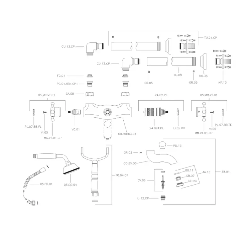 Huber Victorian Boden-Thermostat-Badewannenbatterie mit Handbrause Chrom VTT3901021